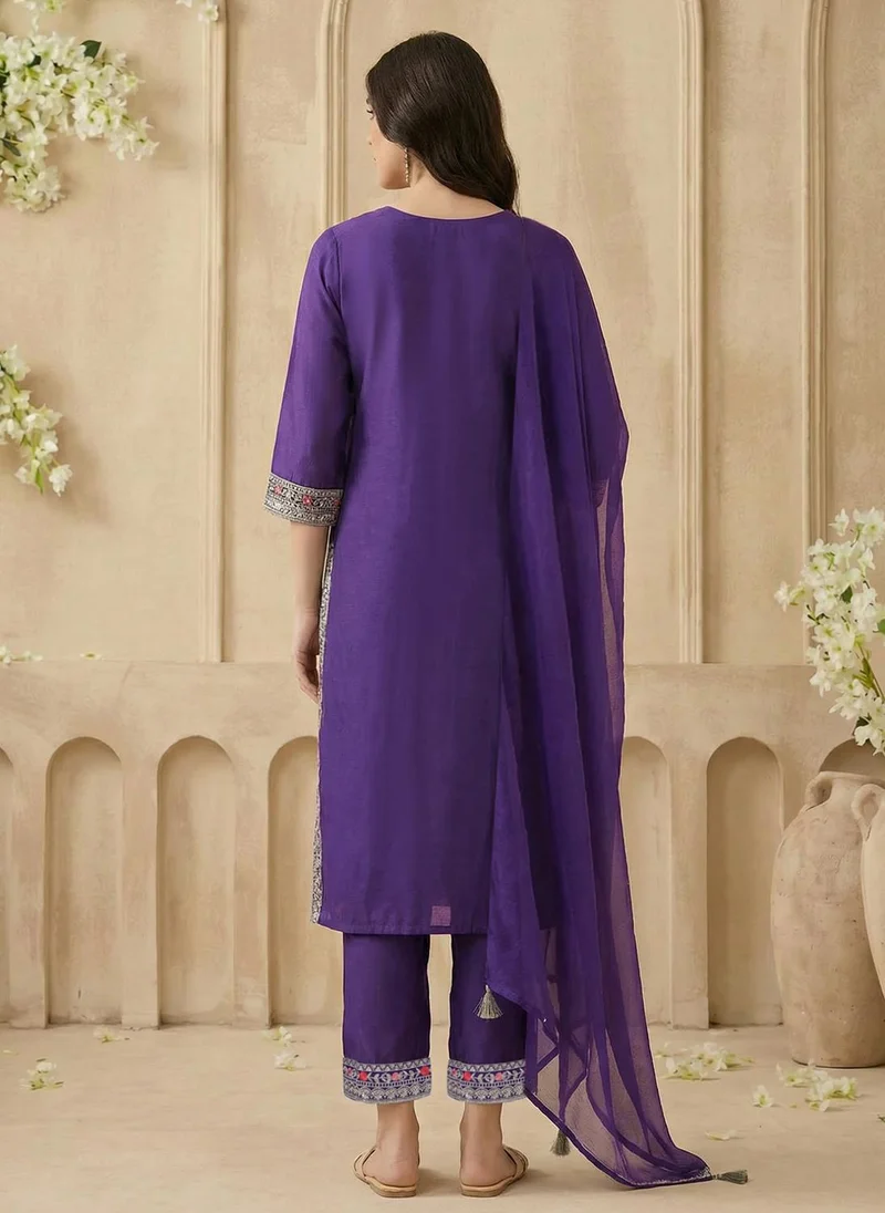 globus Purple Globus Women Purple Scalloped Round Neck Embroidered Yoke A-Line Kurta with Wide Leg Pants & Dupatta Festive Set for Women | Best Price UAE